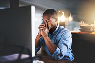 Poster - Black man at office, night and stress headache with computer glitch, software problem and burnout. Male professional with migraine, brain fog and working late, frustrated with 404 and business crisis