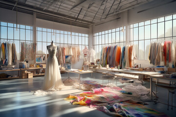 Poster - A fashion designer's studio with fabric swatches, sewing machines, and dress forms, representing the world of fashion and creativity.  