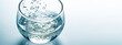 © KRISTINA KUPTSEVICH - Close up glass of pouring crystal water with splash on light blue background. Organic pure natural water. Healthy refreshing drink. Banner size, copy space. Generative ai
