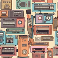 Wall Mural - A charming seamless pattern showcasing retro radios painted in soothing pastel colors