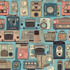 Wall Mural - A charming seamless pattern showcasing retro radios painted in soothing pastel colors