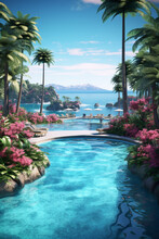 A Luxurious Resort Or Hotel Pool Overlooking The Ocean Or Surrounded By Lush Tropical Gardens, Epitomizing Relaxation And Indulgence. Generative AI Technology