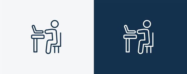 Canvas Print - man typing icon. Outline man typing icon from behavior and action collection. Linear vector isolated on white and dark blue background. Editable man typing symbol.