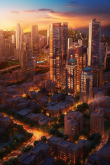 Aufkleber - An aerial view of a city skyline at sunset, showcasing the vibrant energy and modern architecture of an urban tourist hotspot.  Generative AI technology