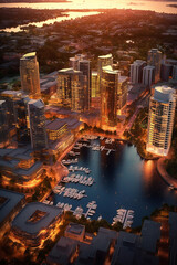 Aufkleber - An aerial view of a city skyline at sunset, showcasing the vibrant energy and modern architecture of an urban tourist hotspot.  Generative AI technology