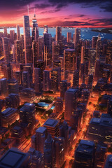 Aufkleber - An aerial view of a city skyline at sunset, showcasing the vibrant energy and modern architecture of an urban tourist hotspot.  Generative AI technology
