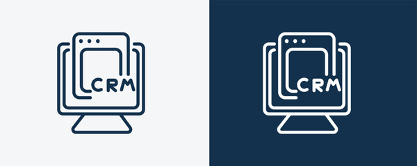 Sticker - crm icon. Outline crm icon from marketing collection. Linear vector isolated on white and dark blue background. Editable crm symbol.