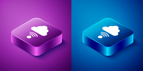 Poster - Isometric Network cloud connection icon isolated on blue and purple background. Social technology. Cloud computing concept. Square button. Vector