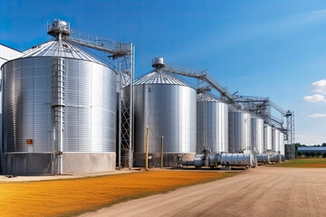 panorama view on agro silos granary elevator on agro-processing manufacturing plant for processing