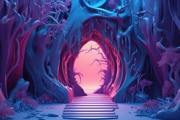 Wall Mural - Digital 3D illustration of a futuristic underground hideout entrance on the outskirts of a bustling city - fantasy painting - Generative AI