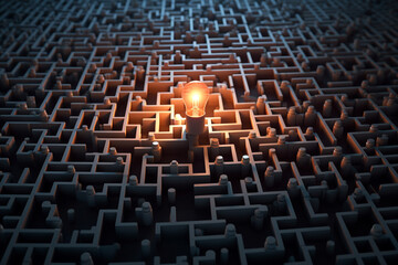 Poster - A maze with a highlighted path leading to a lightbulb, symbolizing the process of navigating challenges and finding creative solutions. Generative AI technology