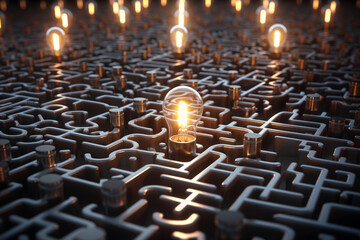 Poster - A maze with a highlighted path leading to a lightbulb, symbolizing the process of navigating challenges and finding creative solutions. Generative AI technology