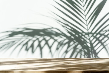 Wall Mural - Table shadow background. Wooden table and white empty wall with plant shadows.