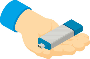 Poster - Data store icon isometric vector. Metal portable white flash drive in human hand. Electronic device, modern technology