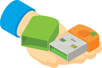 Poster - Modern device icon isometric vector. Bright portable flash drive in human hand. Storage device, modern technology