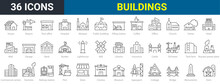 Set Of 30 Web Icons Building In Line Style. Airport, Office, Hotel, Hospital, Insurance, Town House, Mall, Coffee, . Vector Illustration.