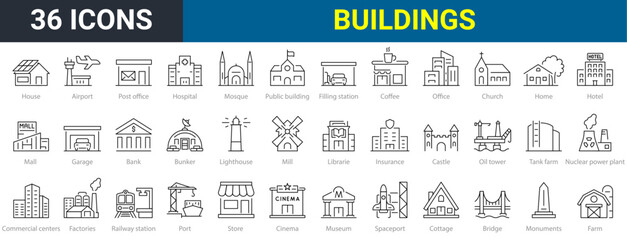 Set of 30 web icons Building in line style. Airport, Office, Hotel, Hospital, Insurance, town house, mall, coffee, . Vector illustration.