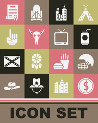 Poster - Set Coin money with dollar, American football helmet, Soda straw, City landscape, Buffalo skull, Number 1 fan hand glove, Declaration of independence and Retro tv icon. Vector