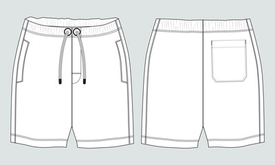 Wall Mural - Shorts pant technical drawing fashion flat sketch template front and back views. Apparel jogger shorts vector illustration mock up for kids and boys