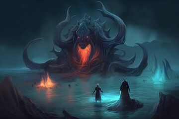 Wall Mural - Digital painting of a dark summoning ritual, invoking an evil sea creature from the depths - Fantasy 3D illustration - Generative AI