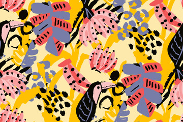 Saturated wild bright tropical positive cheerful multicolored abstract seamless summer patern. Tropics with palms, bananas, leaves, birds and spots of wild animals, tiger and leopard.