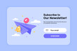 © darkovujic - 3D Subscribe to newsletter banner template with cartoon paper airplane. Email business marketing concept. Subscription to news and promotions. Registration form. Web button mockup. 3D Vector