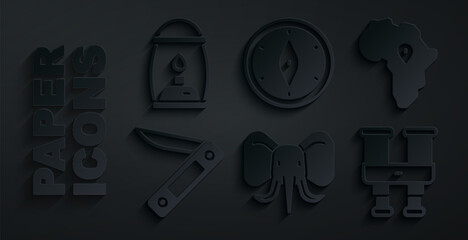 Poster - Set Elephant, Map of Africa, Swiss army knife, Binoculars, Compass and Camping lantern icon. Vector