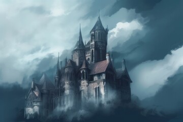 Digital painting of a gothic fantasy castle in the clouds - low-key color scheme, intricate architecture - fantasy illustration - Generative AI