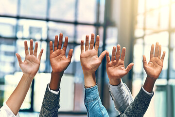 Poster - People, diversity and palm group hands in a office meeting with community and at work. Collaboration, teamwork and solidarity of staff with arms and hand raised in a workplace with company team