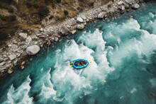 White Water Rafting On Alpine River. Top Down View Of People In Raft Going Down River. Beautiful Nature Blue Water And Trees. Generative AI