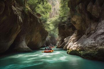 White water rafting on alpine river. People in raft going down river. Beautiful nature blue water and trees. Generative AI