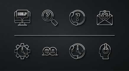 Poster - Set line Computer monitor and help, Time Management, Envelope setting, Telephone 24 hours support, Question Answer, Unknown search, Support operator touch and icon. Vector
