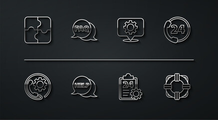 Poster - Set line Piece of puzzle, Telephone 24 hours support, Checklist with service, Speech bubble text Help, FAQ, Lifebuoy and Location gear icon. Vector