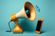 © Kaleb - Cell phone and megaphone, Marketing and advertisement concept, blue background, Generative AI