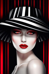 Wall Mural - Gorgeous female model wearing a stylish stripy hat against a matching background, with red, white and black colors, generative AI