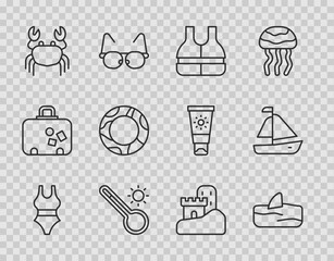 Sticker - Set line Swimsuit, Shark fin in ocean wave, Life jacket, Meteorology thermometer, Crab, Rubber swimming ring, Sand castle and Yacht sailboat icon. Vector