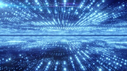 Poster - Abstract blue energy hi-tech lines and digital particles fly in a tunnel with bokeh effect glowing background, 4k video, 60 fps
