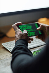 Poster - Coding, phone screen and man hands for software data, crack password and hacking internet for cybersecurity crime. Cyber fraud, virus or system code of user, person or hacker programming mobile app