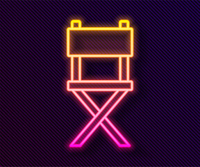 Sticker - Glowing neon line Director movie chair icon isolated on black background. Film industry. Vector