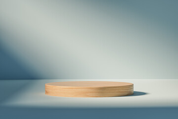 Wall Mural - 3d presentation pedestal or dais made of wood in room illuminated by sunlight. 3d rendering of mocku