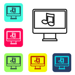 Poster - Black line Computer with music note symbol on screen icon isolated on white background. Set icons in color square buttons. Vector