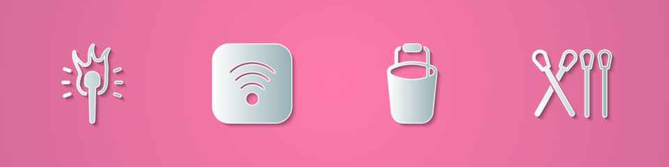 Sticker - Set paper cut Torch flame, Wi-Fi wireless internet, Bucket and Match stick icon. Paper art style. Vector