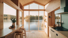 A View Of A Lake Through A Window. AI Generative. Tiny House, Houseboat Interior.