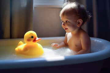 Wall Mural - Close up of a baby playing with a yellow duck on the bathtub