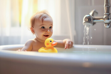 Wall Mural - Close up of a baby playing with a yellow duck on the bathtub