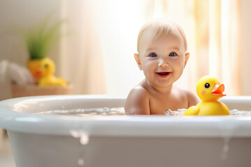 Wall Mural - Close up of a baby playing with a yellow duck on the bathtub