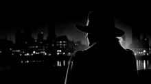 A Cityscape Shot In Deep Shadow, With A Single Source Of Light Illuminating The Silhouette Of A Detective Or Femme Fatale