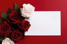 Blank White Card On Red And Black Background With Roses Postcard. Generative AI