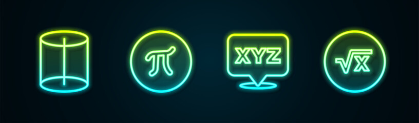 Poster - Set line Geometric figure, Pi symbol, XYZ Coordinate system and Square root of x glyph. Glowing neon icon. Vector