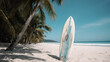 beach with palm trees and surfboard with clear blue sky created with Generative AI